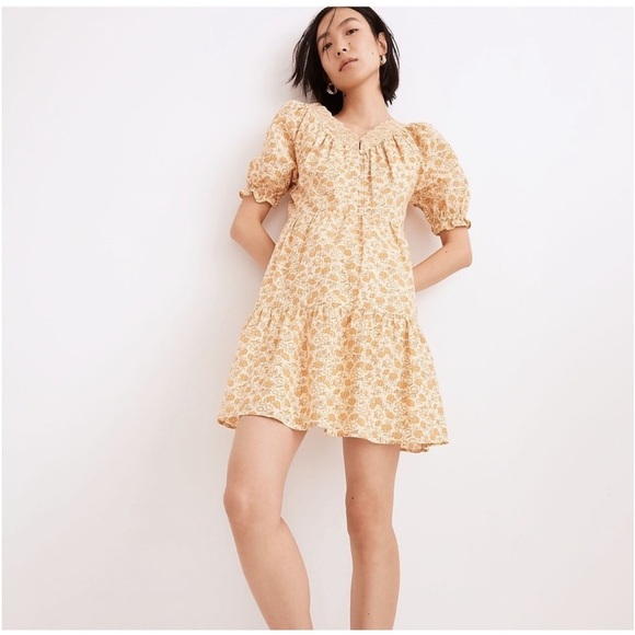 Madewell Dresses & Skirts - Madewell Women’s Eyelet Trim Tiered Mini Dress Gold Piccola Floral Puff Sleeve S